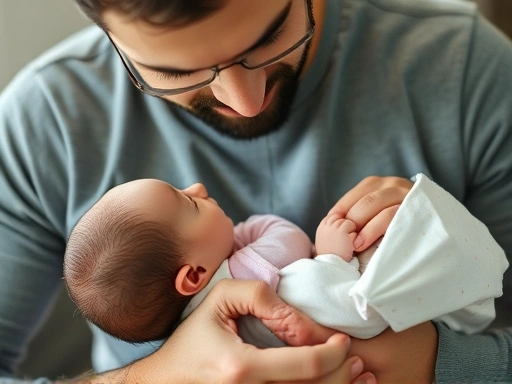 Close-up shot of a husband tenderly caring for his newborn baby, highlighting his active participation in early childcare and bonding with the infant.