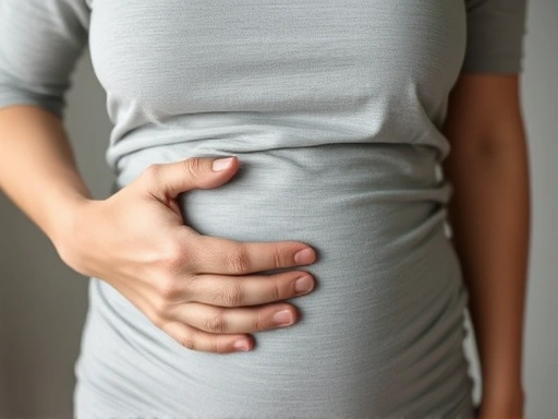 A woman gently holding her stomach, symbolizing the emotional and physical recovery after in vitro fertilization.