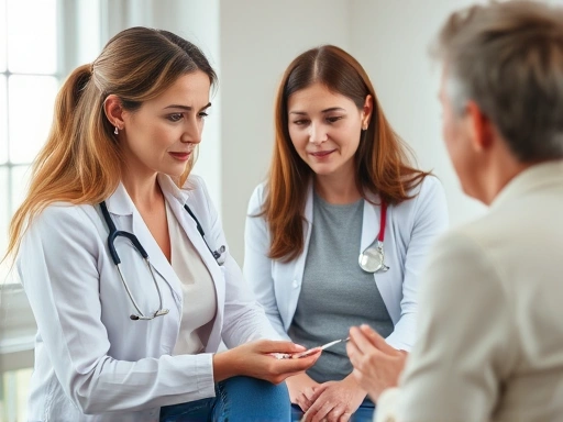 A woman experiencing irregular periods consults with her doctor to discuss potential causes and solutions.