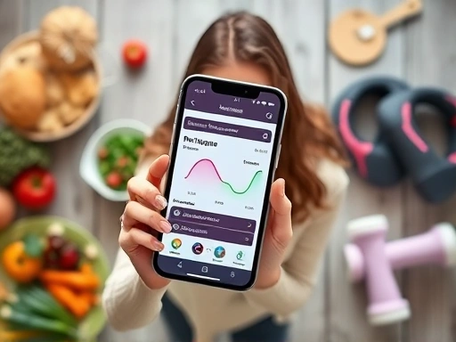 A woman tracking her menstrual cycle on a smartphone app, surrounded by healthy food choices and exercise equipment.
