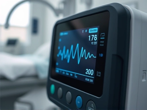 Close-up of a fetal heart rate monitor displaying vital signs in a modern labor room setting.