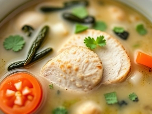 모유 수유에 도움이 되는 건강한 음식 (미역국, 닭가슴살 등) 클로즈업, 신선하고 영양가 높은 느낌 강조