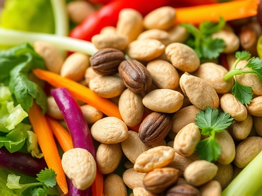 다낭성난소증후군 환자를 위한 건강 식단 (채소, 과일, 견과류)을 클로즈업하여 신선하고 생생하게 묘사