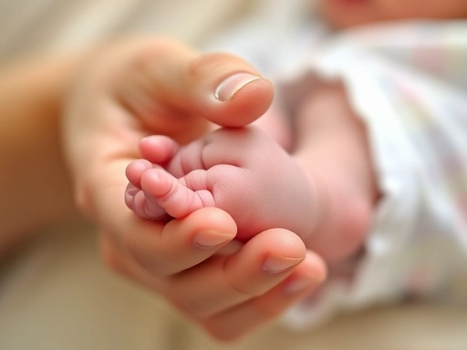 A close-up shot of a newborn baby's tiny hand gently held by a parent, symbolizing the preciousness of new life and the joy of childbirth