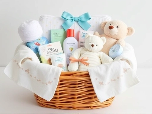 A beautifully wrapped gift basket filled with baby essentials like diapers, baby clothes, and soothing lotions, highlighting thoughtful presents for new parents