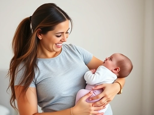 A new mother smiling while holding her baby, focusing on her healthy post-partum body.