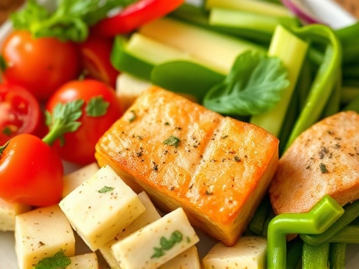 Close-up of a healthy meal for a new mother, emphasizing fresh vegetables and protein.