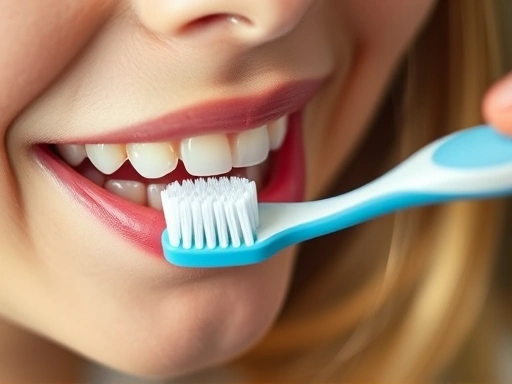 Close-up of a soft-bristled toothbrush cleaning along the gumline to prevent postpartum dental problems.