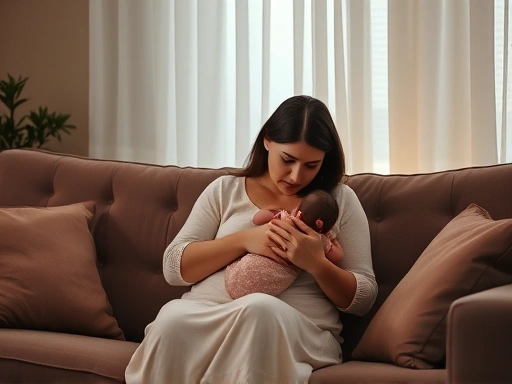 A new mother, sitting on a sofa in a warm, dimly lit room, holding her baby close but looking contemplative and a bit tired, emphasizing the emotional challenges of postpartum depression and the need...