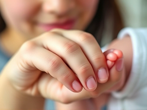 Close-up of a new mother's hand gently holding her baby's tiny hand, with a focused, caring expression on her face, symbolizing hope and connection amidst the struggle of postpartum depression.