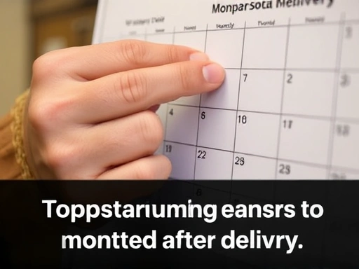 Close-up shot of a woman's hand tracking her postpartum menstruation cycle on a calendar, emphasizing the importance of monitoring changes after delivery.