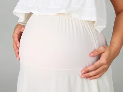 Close-up of a pregnant woman's belly, comfortably dressed in a soft, breathable summer dress, highlighting the comfort and style.