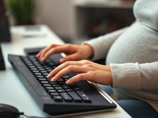 Close-up of pregnant woman's hands typing on keyboard, ergonomic wrist support