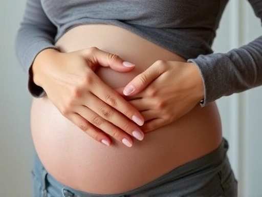 Detailed view of a pregnant woman's hand gently resting on her abdomen, symbolizing the early stages of pregnancy and anticipation of the baby's heartbeat.