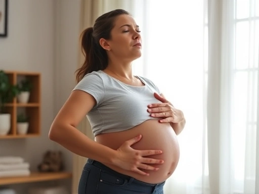 A pregnant woman practicing deep breathing exercises at home, focusing on relaxation and comfort.
