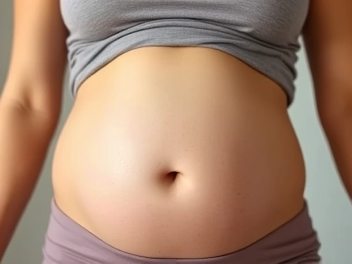 Close-up of a pregnant woman's belly as she practices diaphragmatic breathing, emphasizing the gentle rise and fall.