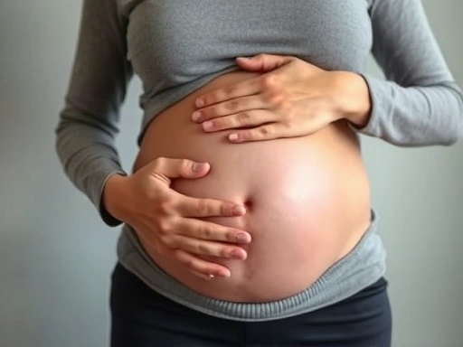 A pregnant woman gently touching her belly, looking thoughtful about managing early pregnancy appetite loss.