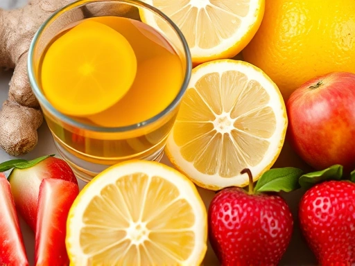 Close-up shot of various foods recommended for pregnant women experiencing appetite loss: ginger tea, lemon slices, and fresh fruits.
