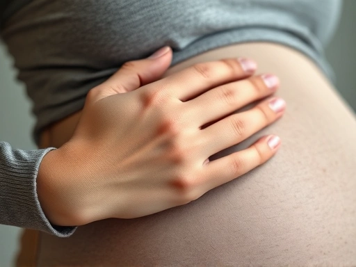 Detailed close-up of a pregnant woman's hand experiencing carpal tunnel syndrome, emphasizing the discomfort and pain with a concerned expression.