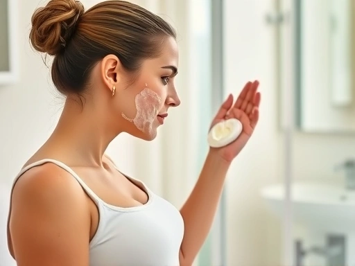 A pregnant woman gently washing her face with a soft, foamy cleanser in a bright bathroom.