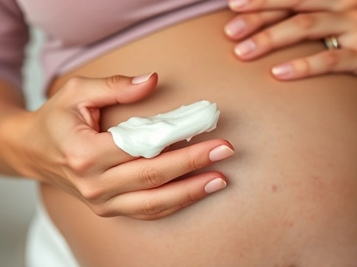 Close-up of a pregnant woman's hand applying a moisturizing cream on her face, focusing on the texture of the cream.