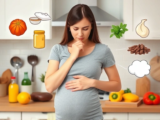 A pregnant woman gently holding her nose, surrounded by various kitchen smells, illustrating heightened sensitivity.