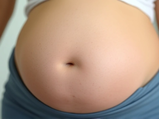 Close-up of a pregnant woman's face, with a subtle expression of discomfort, reacting to a strong, unseen odor.