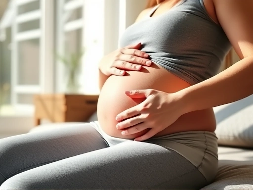 Pregnant woman gently massaging her swollen ankle while resting at home, sunlight.