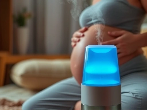 Close-up of a humidifier maintaining optimal humidity levels in a cozy room for a pregnant woman's comfort and health.