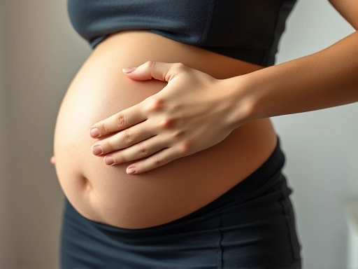 Pregnant woman gently stretching her wrist to relieve pain, soft natural light.