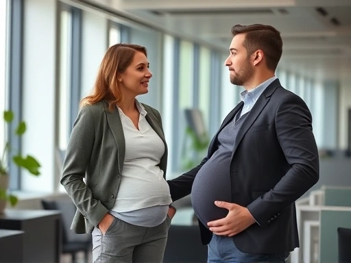 Pregnant woman confidently discussing work adjustments with her male manager in a modern office setting.