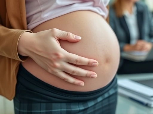 Close-up shot of a pregnant woman's hand gently resting on her belly during a work-related conversation.