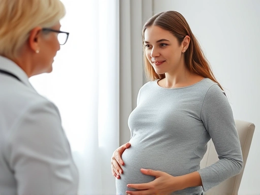 A pregnant woman experiencing blurred vision, consulting with her obstetrician during a prenatal checkup for guidance
