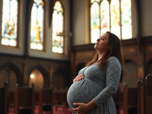 A pregnant woman peacefully praying in a serene church, soft light filtering through stained glass windows.
