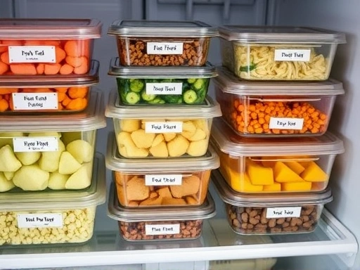 Close-up of labeled glass containers filled with various side dishes, neatly arranged in a refrigerator, emphasizing safe food storage for pregnant women.