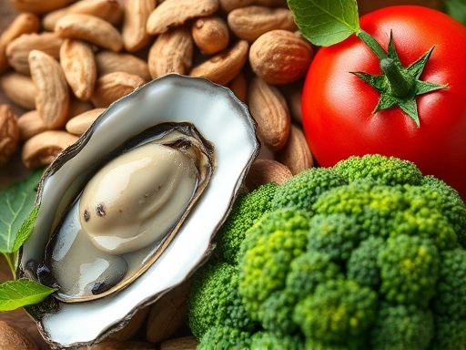 Close-up of healthy food ingredients for sperm health: oysters, nuts, tomatoes, broccoli, showcasing nutrient richness.