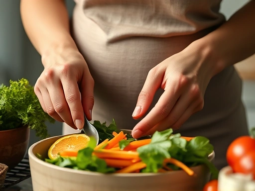 Close-up of a woman's hands preparing a healthy meal with fresh vegetables, focusing on uterine health for enhanced fertility