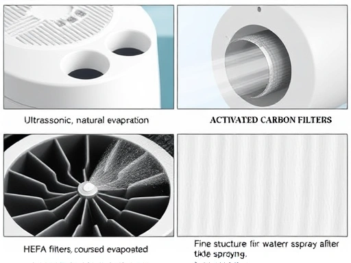 다양한 종류의 가습기(초음파식, 가열식, 자연 기화식)와 공기청정기(헤파 필터, 활성탄 필터)의 핵심 부품이 클로즈업되어 보이는 상세 이미지