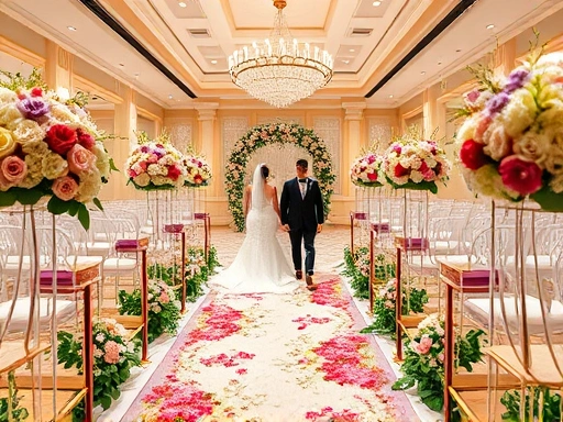아름다운 실내 결혼식장에서 신랑 신부가 화려한 꽃장식으로 꾸며진 버진로드를 걷는 모습