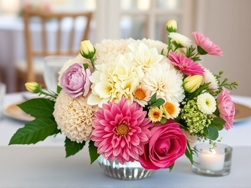 각 계절을 대표하는 신선한 꽃들이 섬세하게 배치된 결혼식 테이블 센터피스 클로즈업.