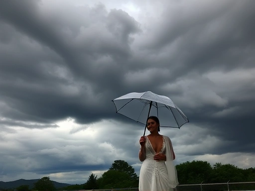 아름다운 야외 결혼식이 진행될 듯한 풍경 위로 먹구름이 드리워져 비가 올 듯한 긴장감 있는 모습