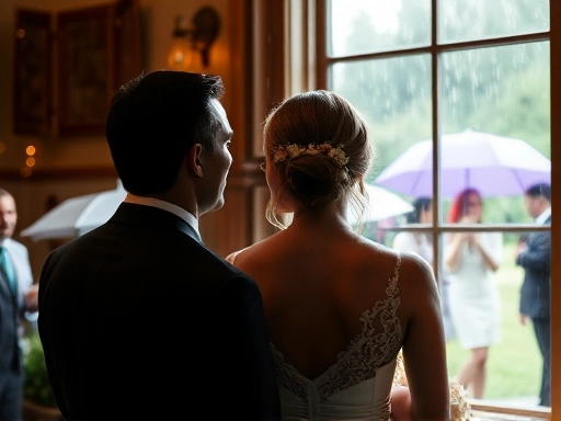 실내 결혼식장 한쪽 벽면에서 비가 내리는 창밖을 바라보는 신랑 신부의 클로즈업.