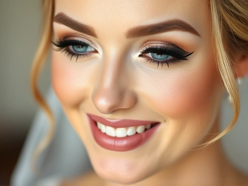 아름다운 신부의 얼굴에 클로즈업된 웨딩 메이크업이 신선하고 완벽하며 하루 종일 지속되는 모습