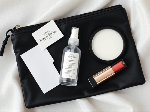 블랙 파우치 안에 결혼식 메이크업 수정에 필수적인 아이템들(기름종이, 미니 세팅 스프레이, 파우더 팩트, 립스틱)이 새틴 원단 위에 정교하게 배열된 플랫 레이 장면