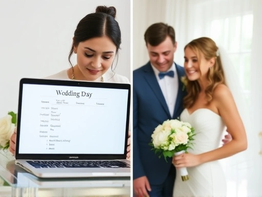 웨딩 플래너가 결혼식 당일 타임라인이 적힌 노트북 화면을 진지하게 들여다보며, 신랑신부의 손을 잡고 행복하게 웃는 모습