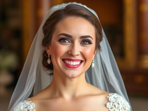 아름다운 신부가 웨딩 드레스를 입고 활짝 웃고 있는 모습