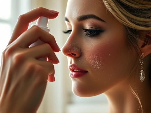 메이크업 아티스트의 손이 신부의 얼굴에 세팅 스프레이를 섬세하게 분사하는 클로즈업 장면