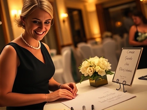 결혼식 방명록 앞에서 웃으며 하객을 안내하고 펜 사용법을 설명해주는 웨딩 스태프의 클로즈업.