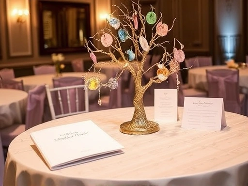 아름답게 꾸며진 웨딩 리셉션 테이블 위에 놓인 다양한 디자인의 결혼식 방명록들이 조명 아래 반짝이며 하객들의 시선을 사로잡는 모습