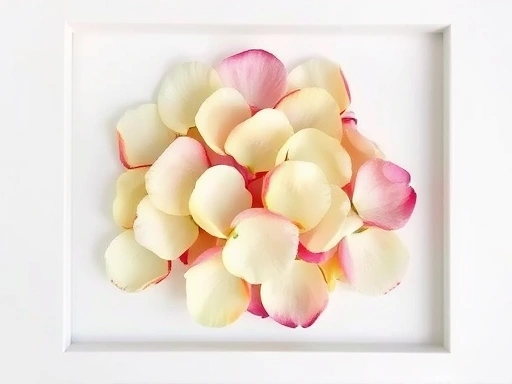 섬세한 압화된 부케 꽃잎이 액자 속에 놓여 있는 클로즈업 사진, 부케 보존의 디테일과 예술적 가치를 보여주는 이미지